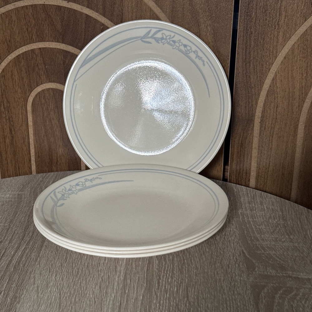 Corelle Beige and Light Blue 6.5" Bread/Dessert Plate Blue Lily Pattern Set 4